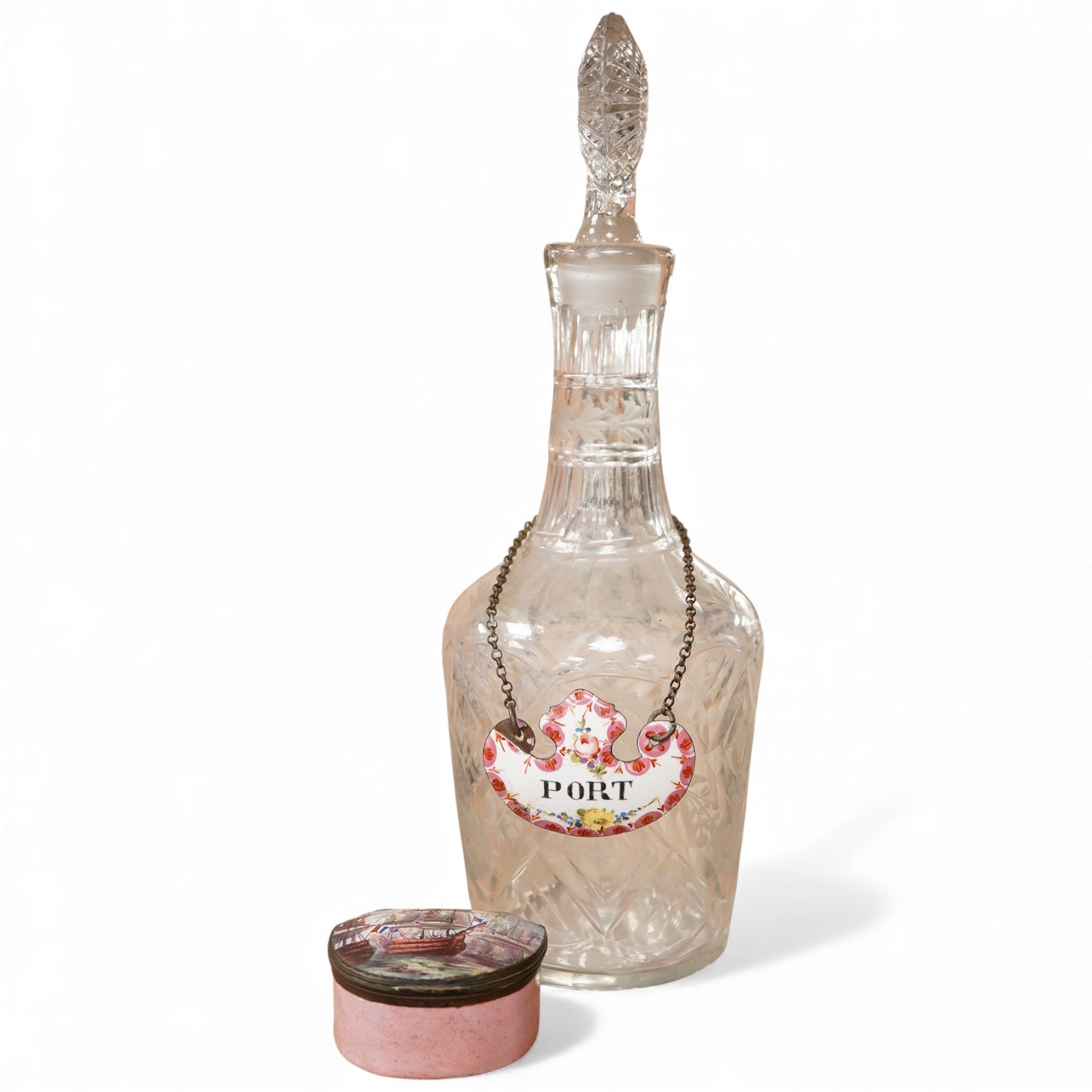 A late 18th century Bilston enamel box and engraved decanter - 24cm high